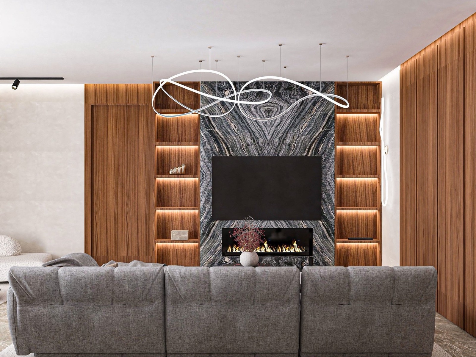 Bookmatched Kaminverkleidung mit gespiegelter Marmormaserung in einem modernen Wohnhaus